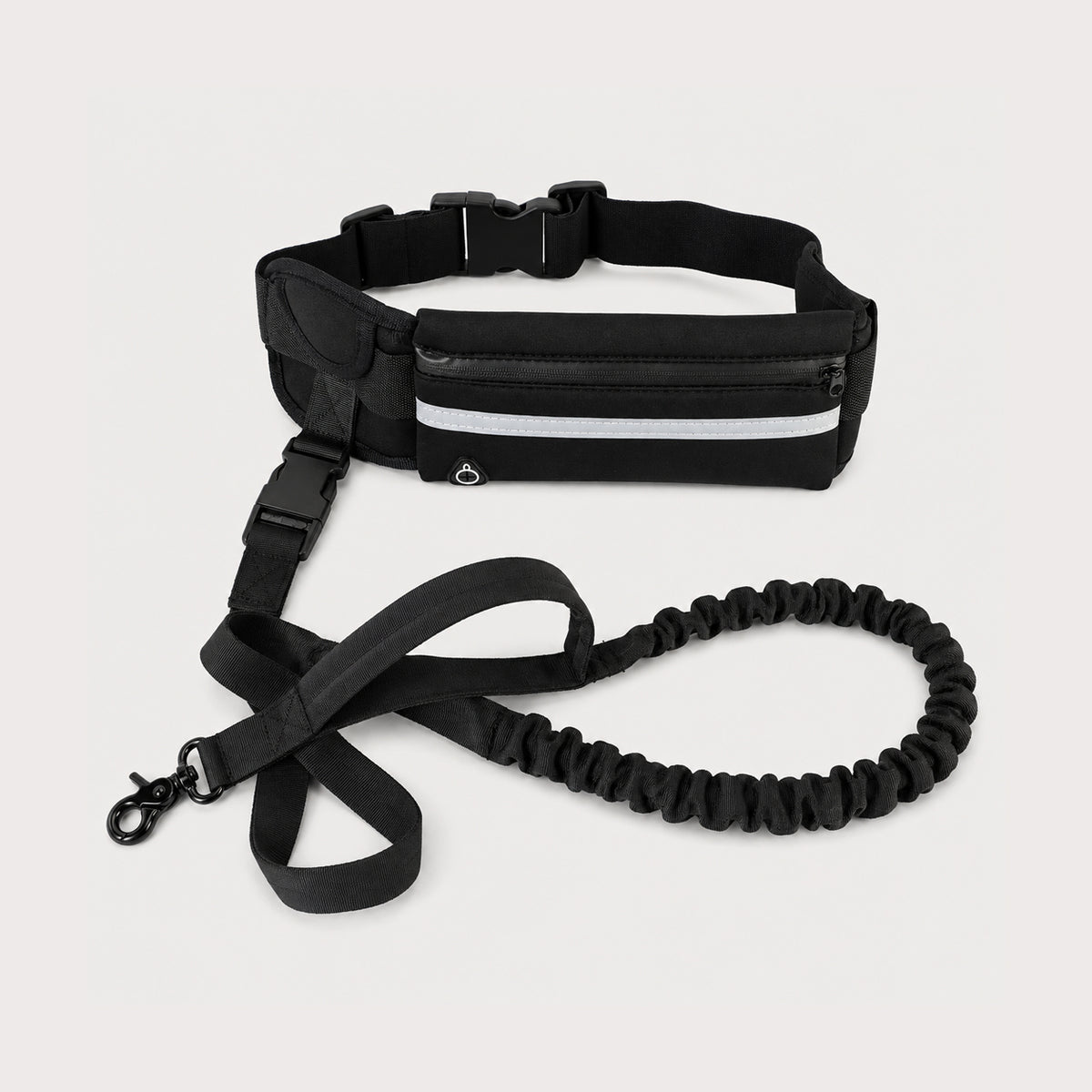 StrideFree hands-free dog walking belt in black with shock-absorbing bungee leash