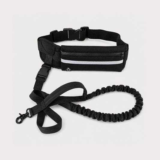 StrideFree hands-free dog walking belt in black with shock-absorbing bungee leash