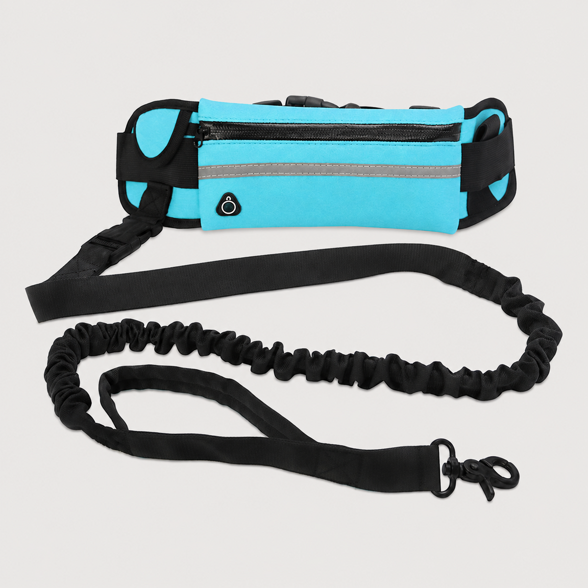StrideFree hands-free dog walking belt in blue with black shock-absorbing bungee leash