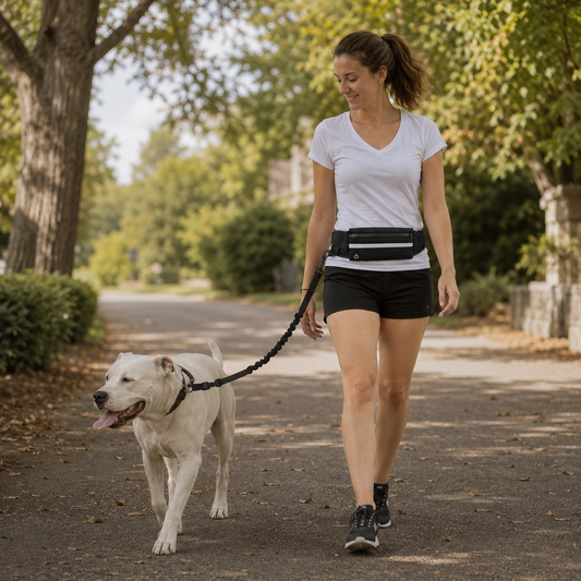 Woman using the StrideFree hands-free dog walking belt on a neighborhood walk