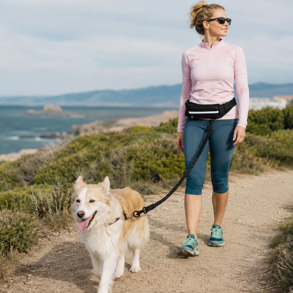 Woman hiking with a dog using the StrideFree hands-free dog walking belt