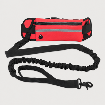 StrideFree hands-free dog walking belt in rose red with black bungee leash