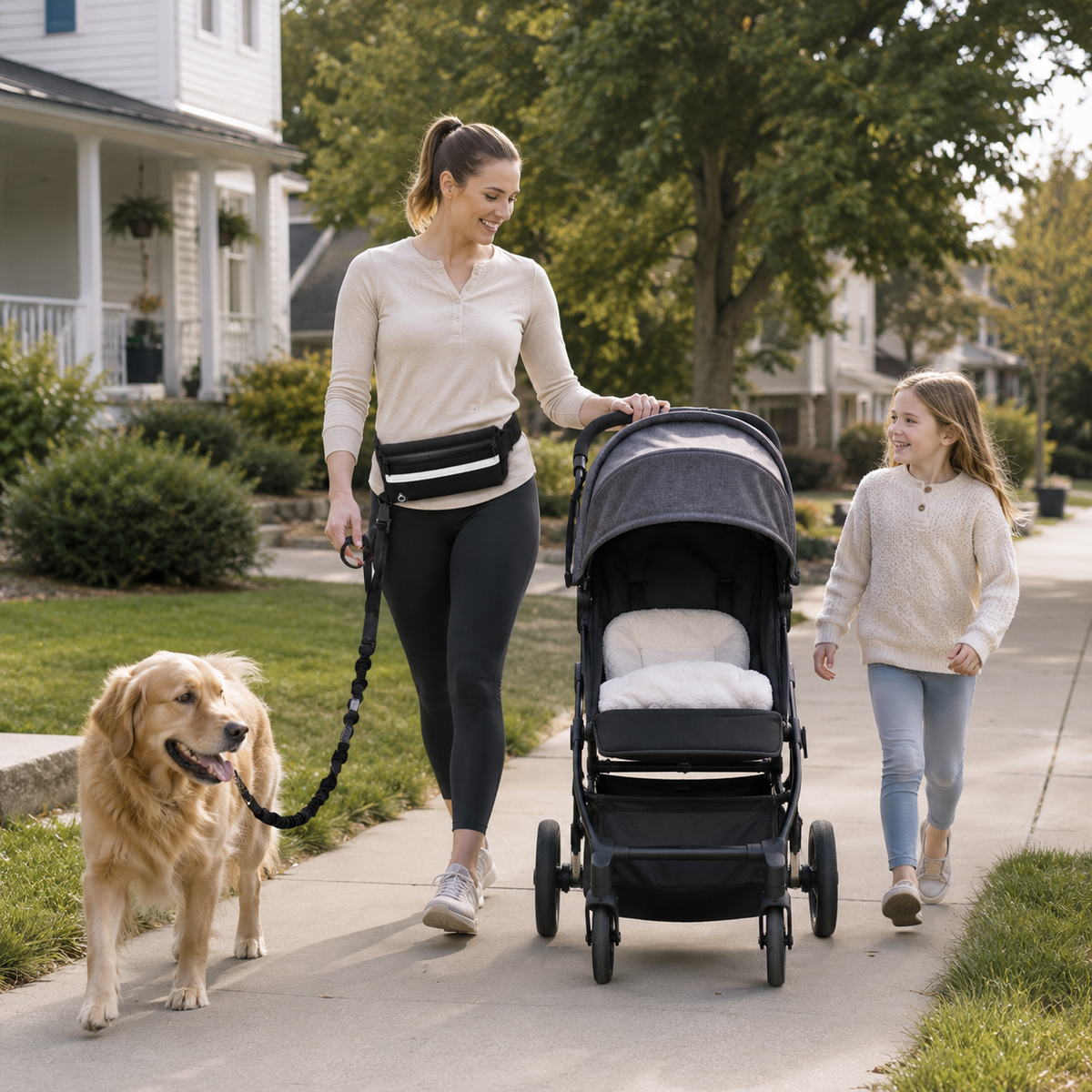 Woman walking a dog hands-free while pushing a stroller with the StrideFree dog walking belt