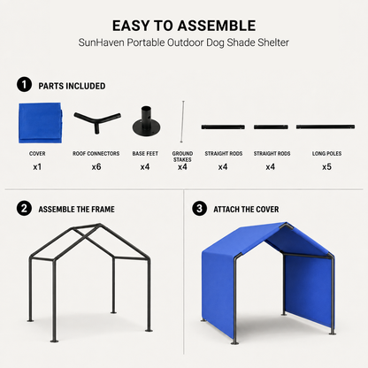 SunHaven portable dog shade shelter parts and easy three-step assembly guide