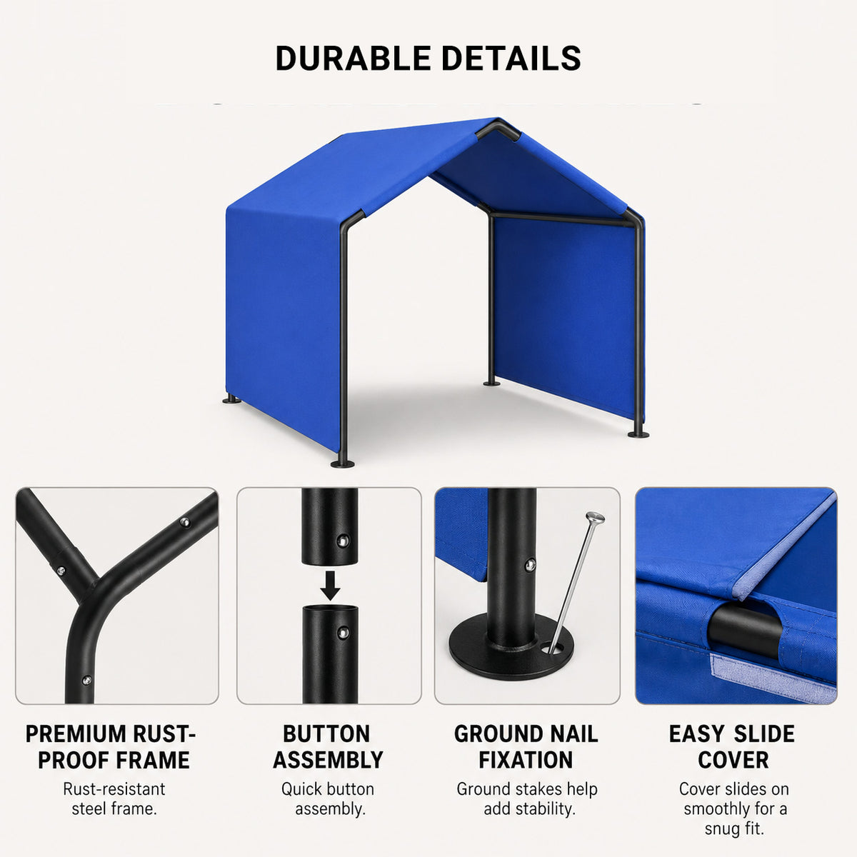 SunHaven dog shade shelter durable steel frame button assembly ground stakes and slide-on cover details