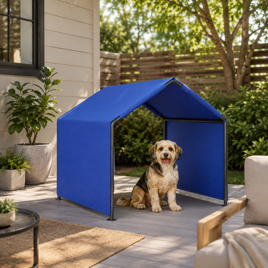 Small dog relaxing under SunHaven outdoor dog shade shelter on a modern patio