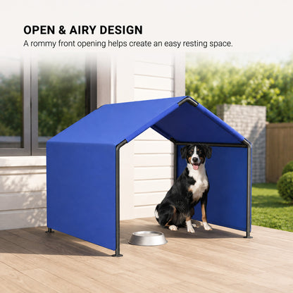 SunHaven open and airy outdoor dog shade shelter with dog and water bowl