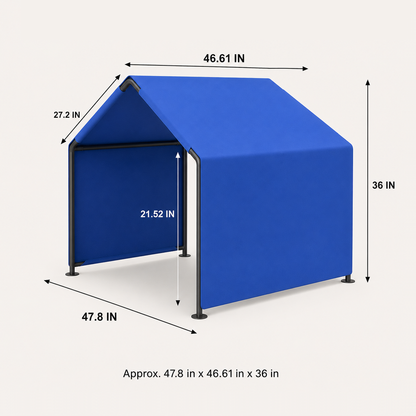 SunHaven outdoor dog shade shelter size guide showing approximately 47.8 by 46.61 by 36 inches