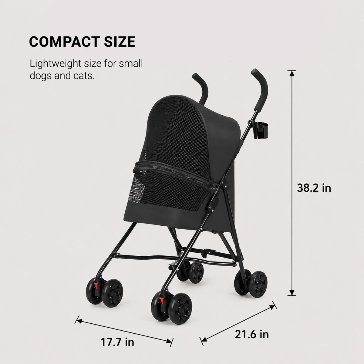 SwiftRide foldable pet stroller dimensions showing overall length width and height for fit planning