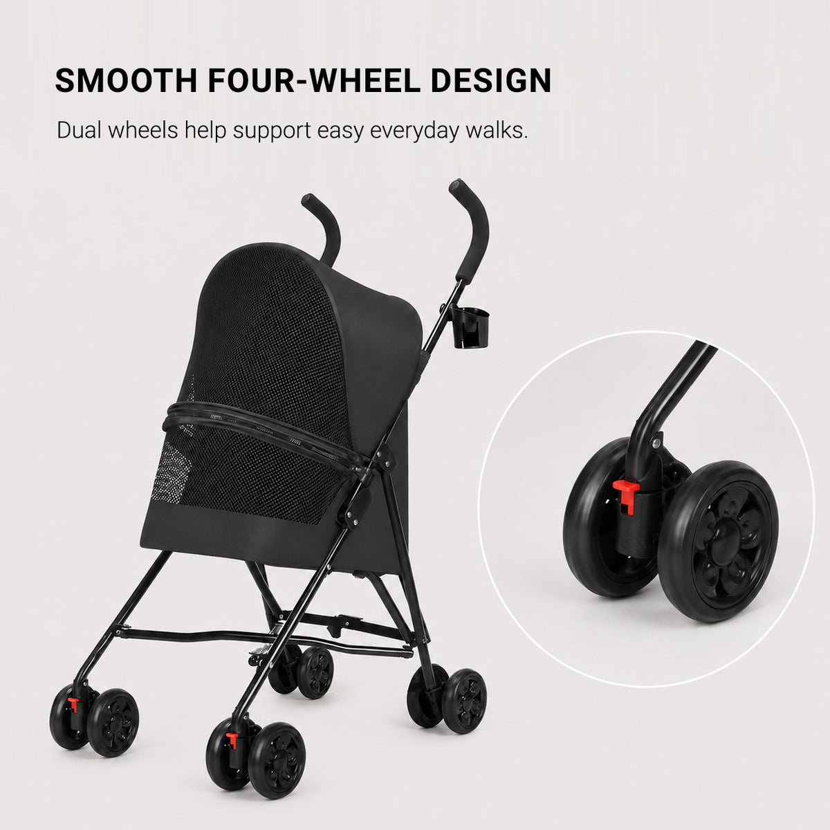 SwiftRide foldable dog stroller with four-wheel design for stable everyday walks on paved surfaces
