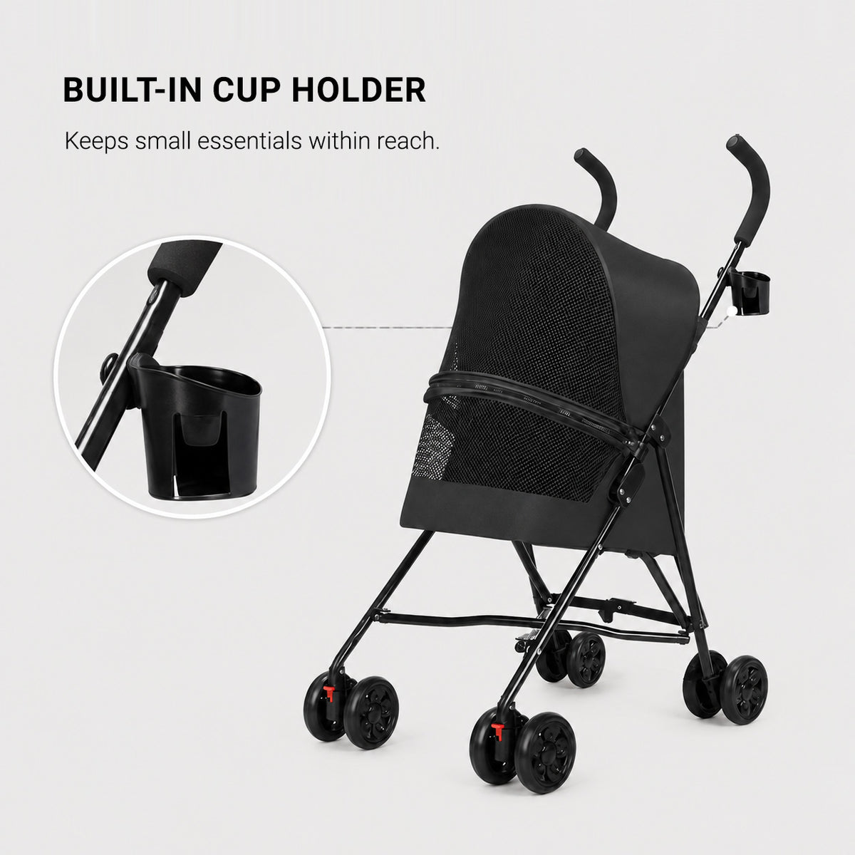 Built-in cup holder on the SwiftRide lightweight pet stroller for drinks or small essentials