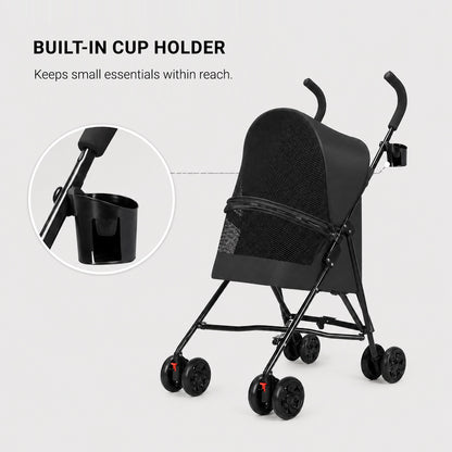 Built-in cup holder on the SwiftRide lightweight pet stroller for drinks or small essentials