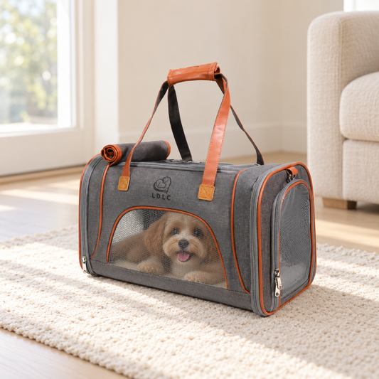 TrailNest dark grey soft-sided travel carrier for small dogs with mesh ventilation