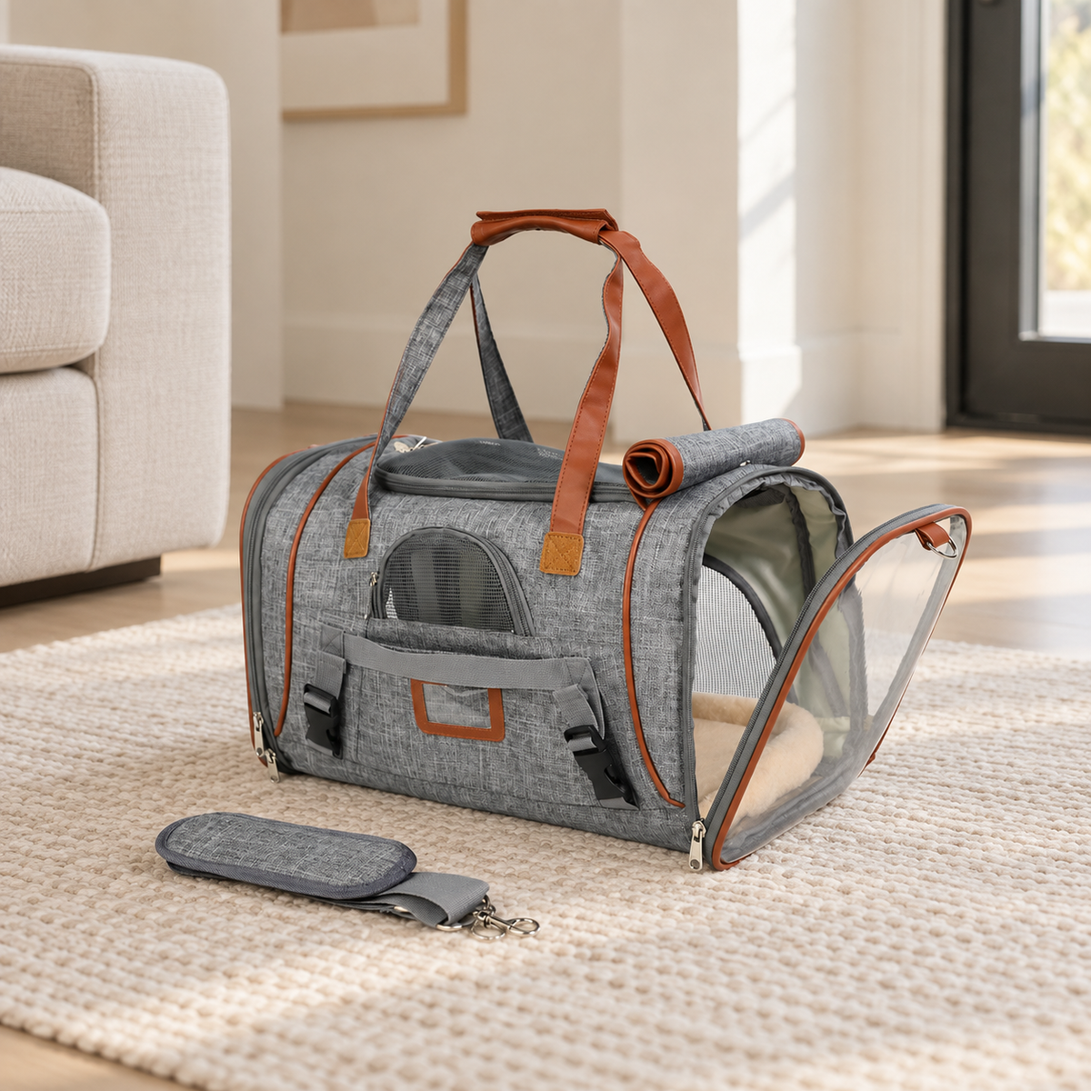 TrailNest light grey small dog travel carrier shown from the reverse side with mesh panels