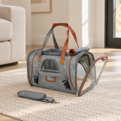 TrailNest light grey small dog travel carrier shown from the reverse side with mesh panels