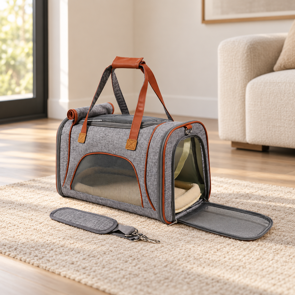 TrailNest light grey soft-sided travel carrier for small dogs with open side entry