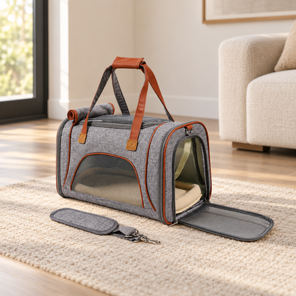 TrailNest light grey soft-sided travel carrier for small dogs with open side entry