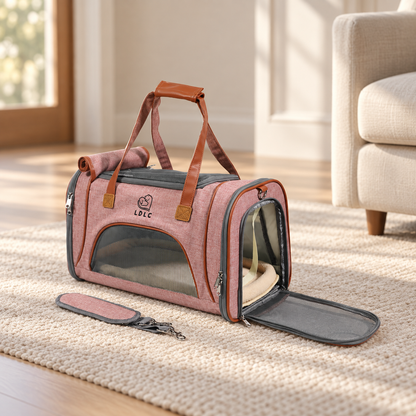 TrailNest light pink soft-sided travel carrier for small dogs with breathable mesh panels