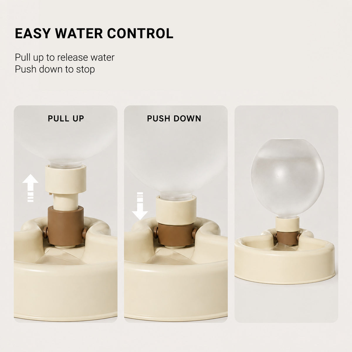 TrailSip dog water bottle water control guide showing pull up to release water and push down to stop
