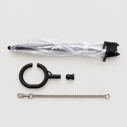 Dog umbrella with integrated leash connection for rainy-day walks