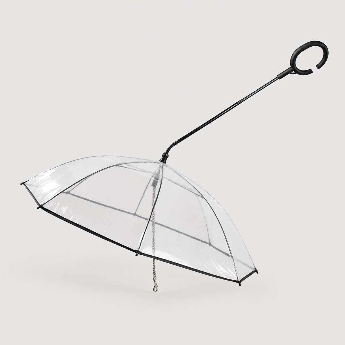 Transparent dog umbrella with adjustable leash and C-shaped handle