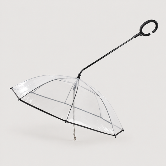 Transparent dog umbrella with adjustable leash and C-shaped handle