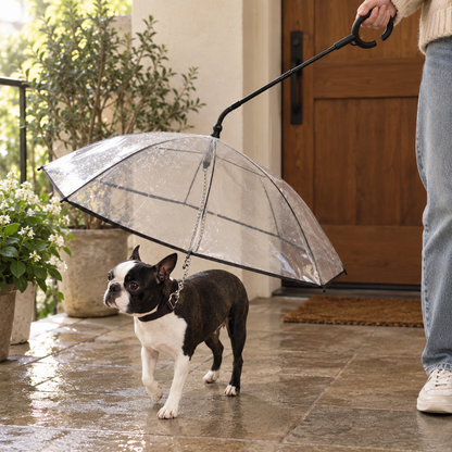 Transparent dog umbrella with adjustable leash and C-shaped handle