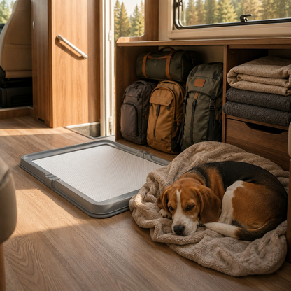 Foldable dog potty tray with pee pad inside an RV beside a resting beagle