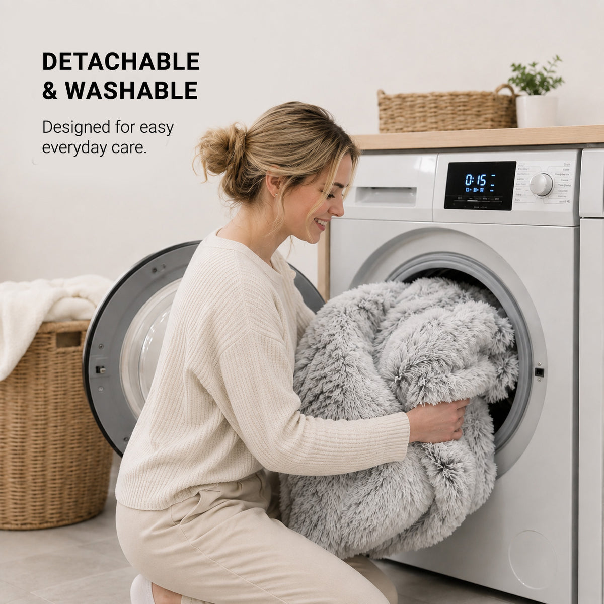 Washable CloudNest plush dog lounger used as a soft sofa protector