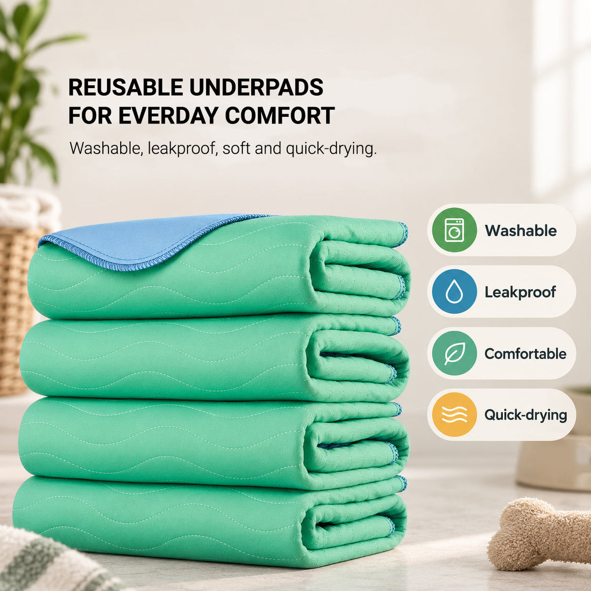 Washable reusable dog pee pads 4 pack with soft absorbent quilted surface for pet accidents