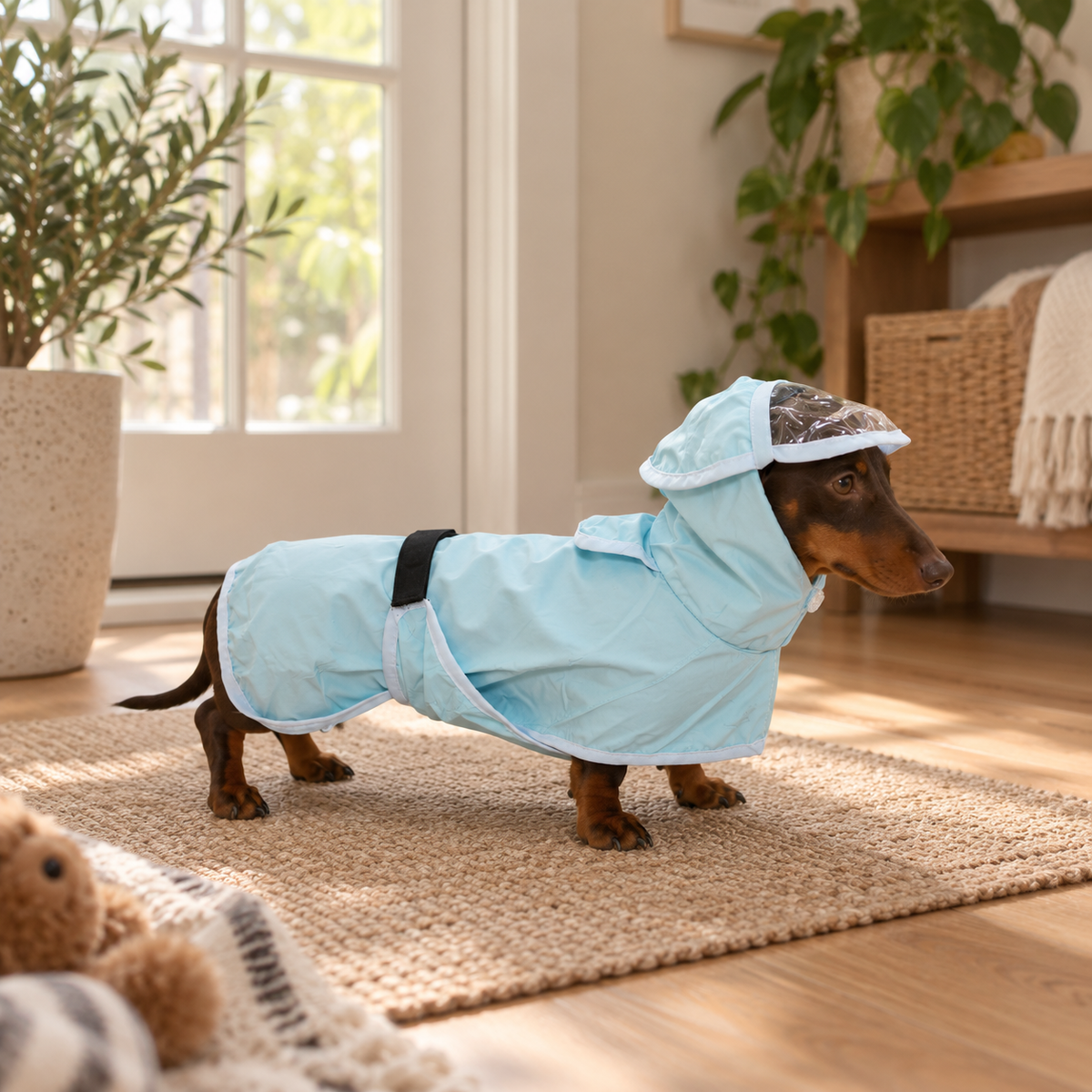 Lightweight sky blue waterproof dog rain poncho with hood for small dogs
