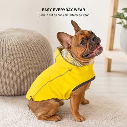 Yellow waterproof dog raincoat with adjustable fit.