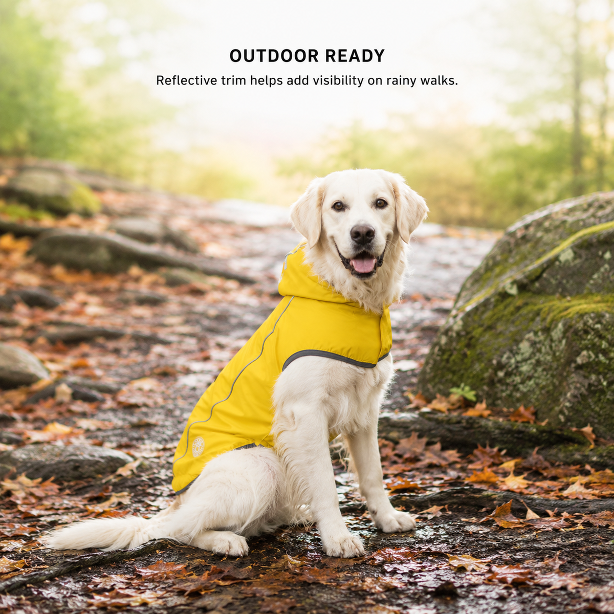Dog wearing yellow waterproof raincoat during an outdoor walk