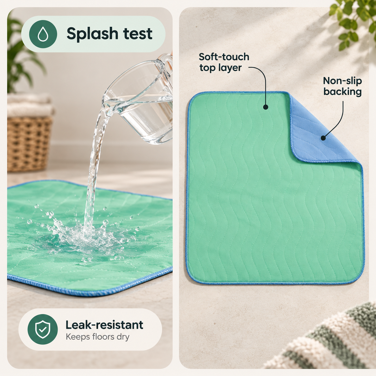 Washable dog pee pad with waterproof backing shown during a water splash test