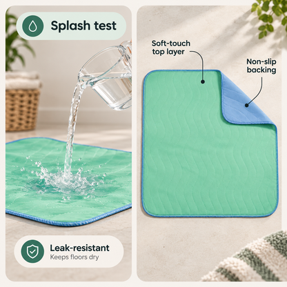 Washable dog pee pad with waterproof backing shown during a water splash test