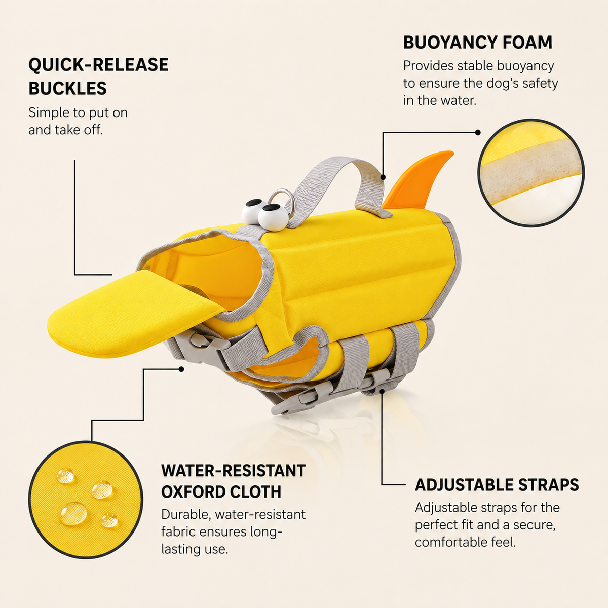 Yellow dog life jacket detail showing adjustable fit hardware for a secure wearable fit