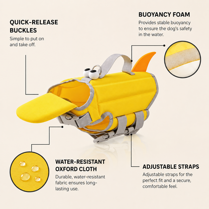 Yellow dog life jacket detail showing adjustable fit hardware for a secure wearable fit