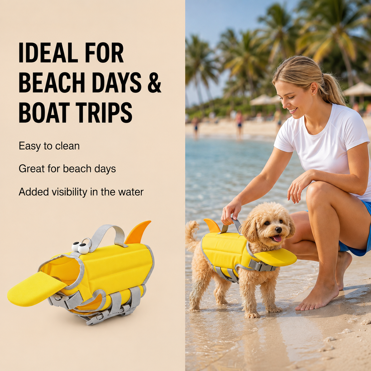 Side view of a yellow dog life jacket showing the lightweight flotation vest shape