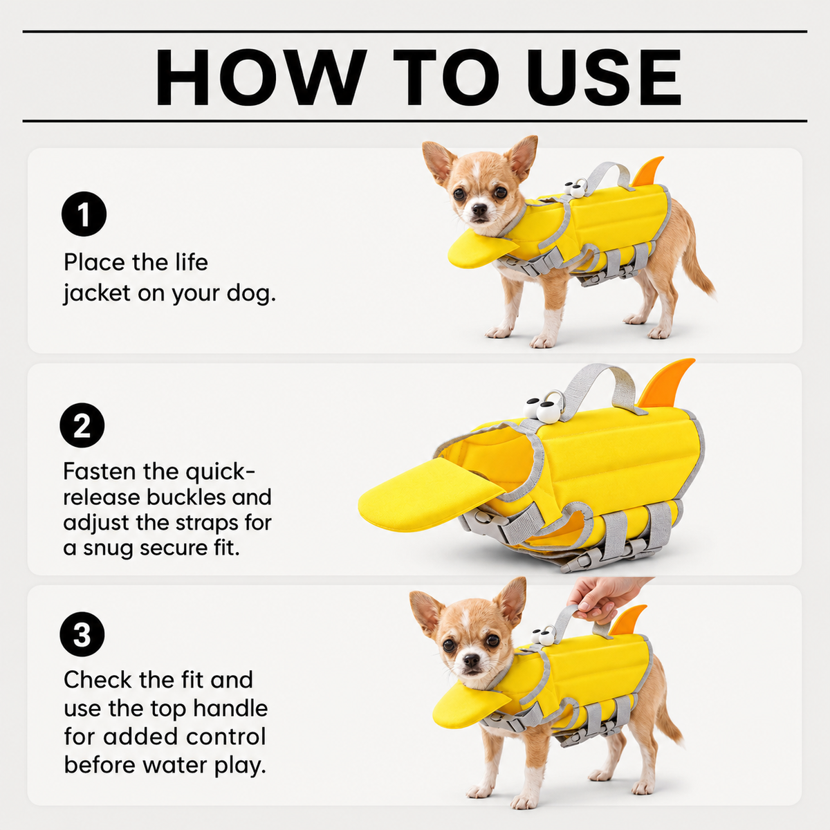 Yellow dog life jacket size guide for XS, S, and M swimming vest options