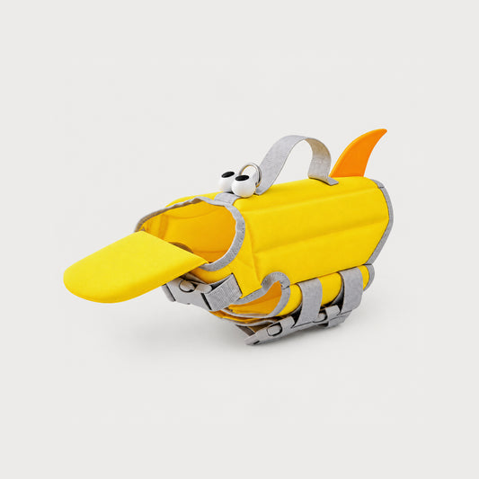 Yellow dog life jacket with buoyant padded design for supervised swimming and water activities