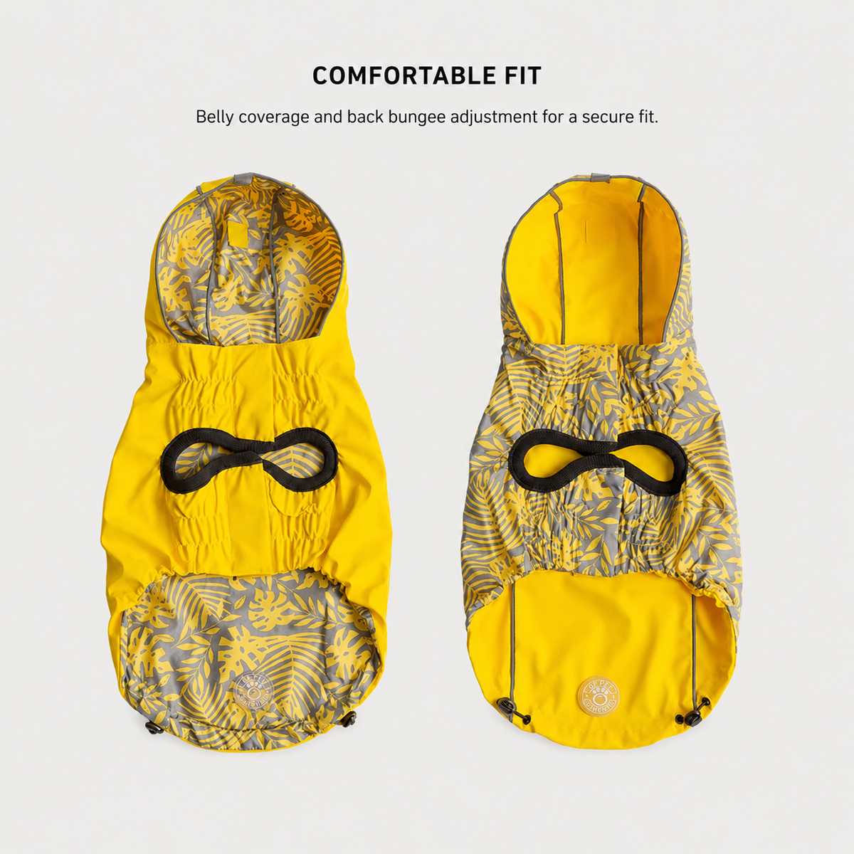 Adjustable fit detail on the yellow reversible dog raincoat.