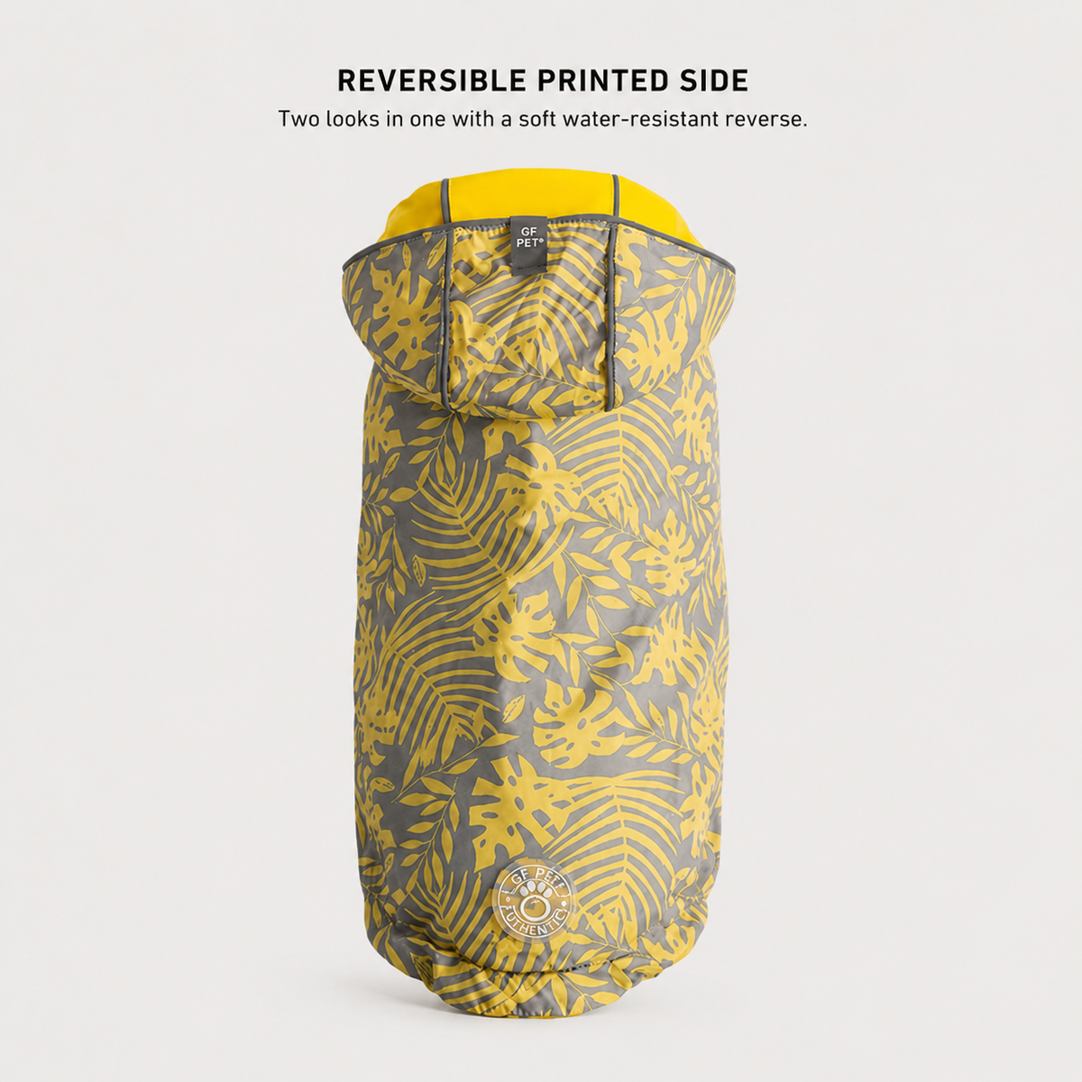 Front view of yellow waterproof dog raincoat