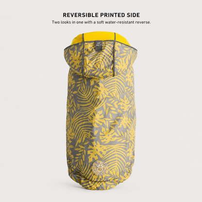 Front view of yellow waterproof dog raincoat